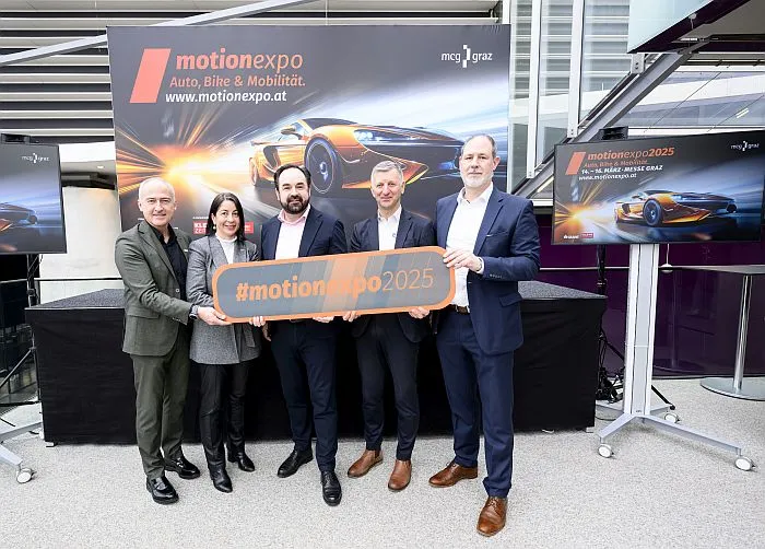 motionexpo01: motionexpo2025 – Die Mobilitätsplattform für B2C und B2B hat sich zu einem Publikumsmagneten in Graz entwickelt; v.l. Mayer, Taferner-Bauer, Egger, Sechser, Monsberger (Foto: Christof Hütter / HJS MEDIA WORLD archive)
